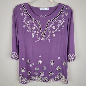 Anthropologie Solitaire Purple Emroidered Cut Out Blouse Boho Size S